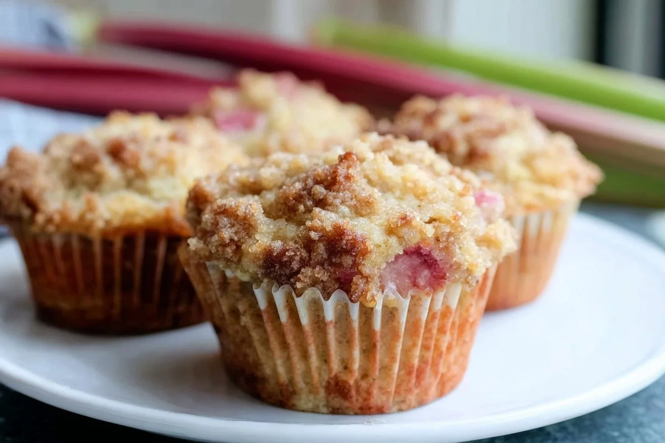 Freshly baked rhubarb muffins with a golden crust and vibrant rhubarb pieces