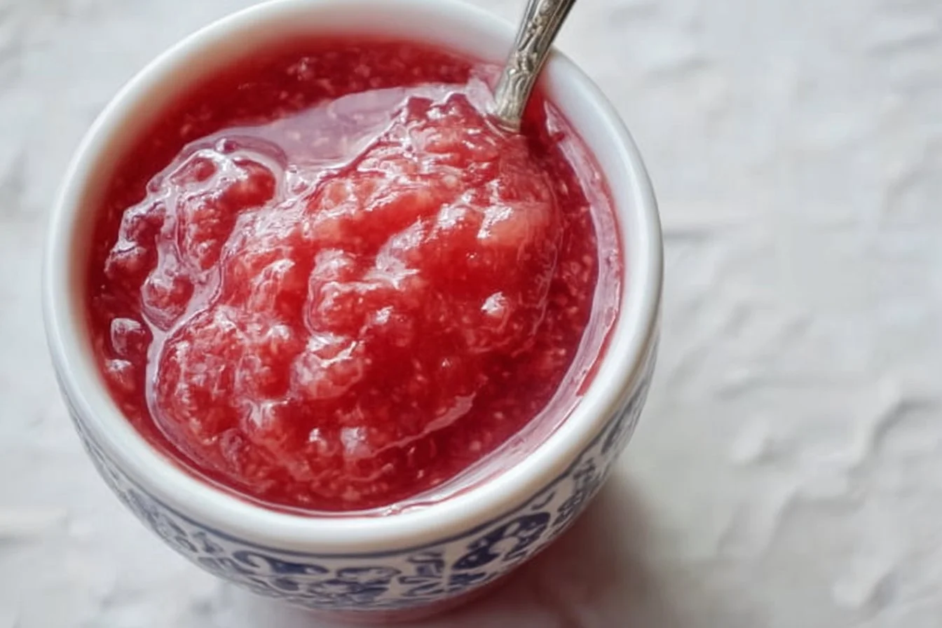 Homemade rhubarb sauce in a jar with fresh rhubarb stalks