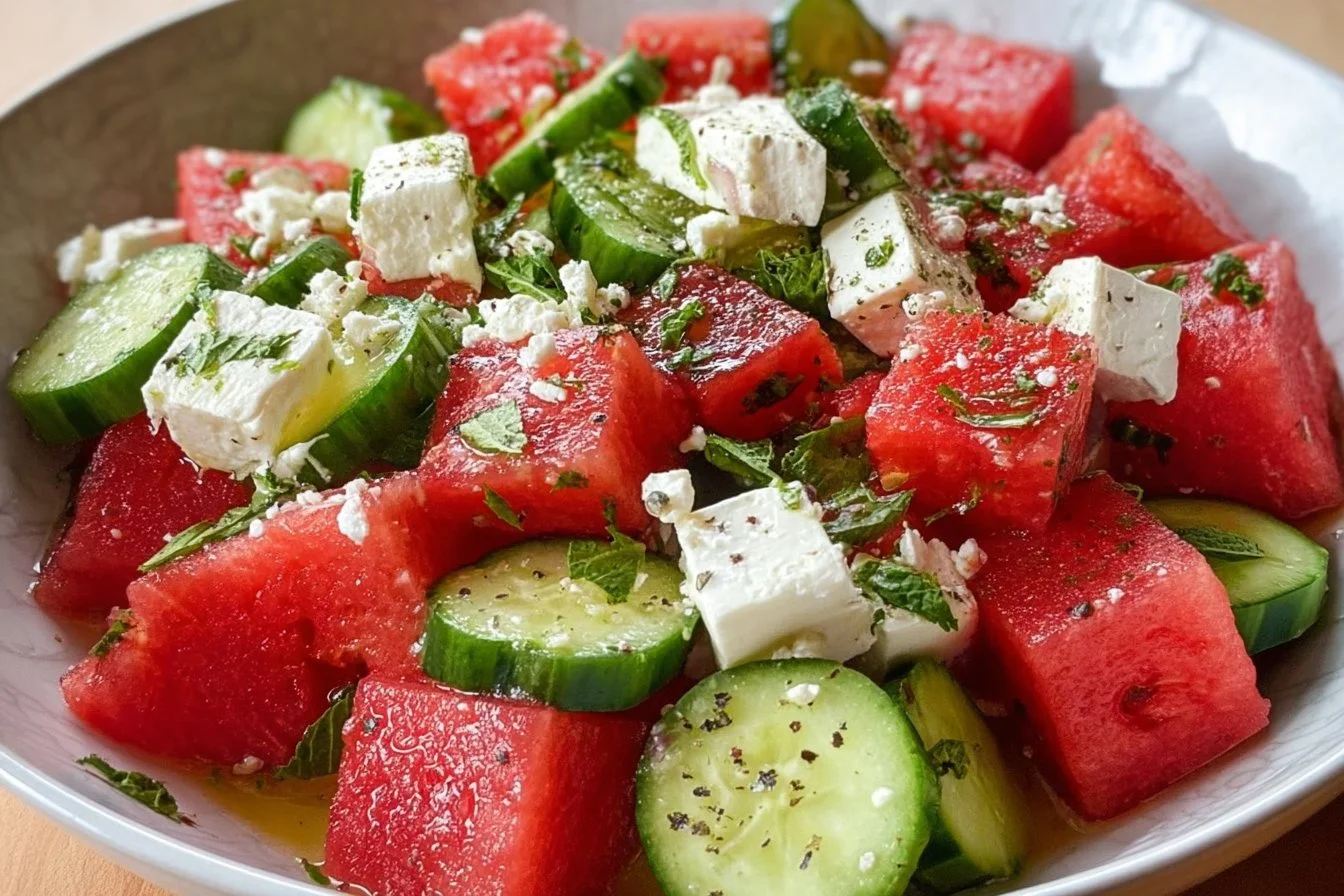 Refreshing Watermelon Cucumber Feta Salad in a bowl