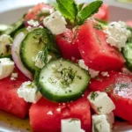 Refreshing watermelon cucumber feta salad in a bowl with mint leaves.
