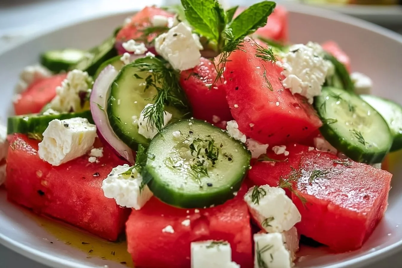 Refreshing watermelon cucumber feta salad in a bowl with mint leaves.