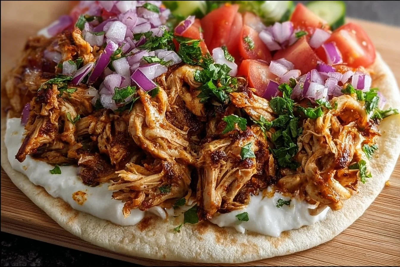 Delicious Slow Cooker Chicken Shawarma served with pita and vegetables