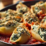 Plate of spinach and ricotta stuffed shells with marinara sauce