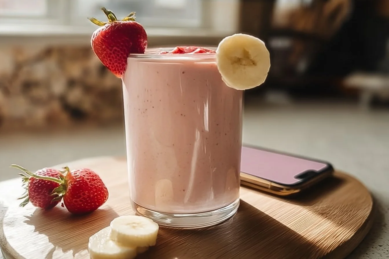 A refreshing strawberry banana smoothie with protein for a nutritious boost