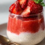 Strawberry Cheesecake Chia Pudding served in a bowl with fresh strawberries