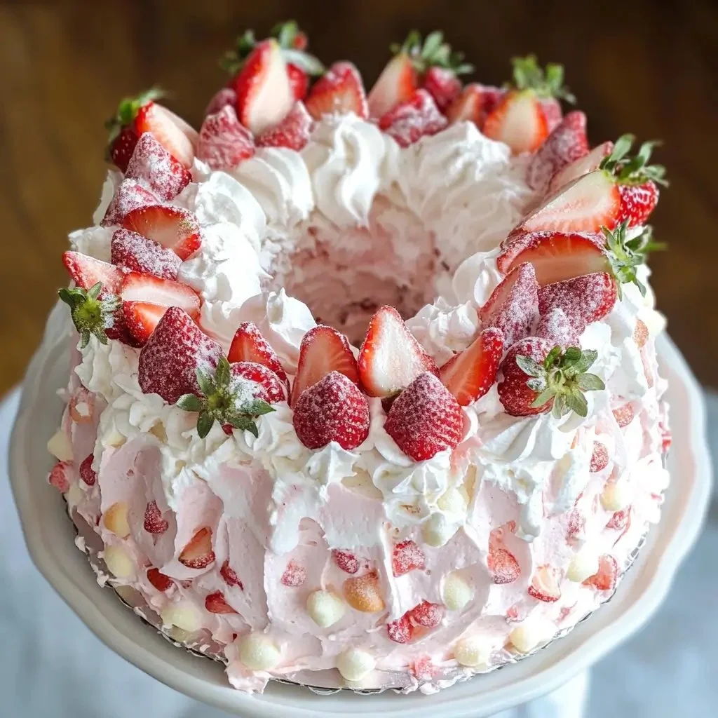 Strawberry marshmallow angel cake topped with fresh strawberries.