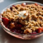 Delicious Strawberry Rhubarb Crisp topped with oats and served in a dish