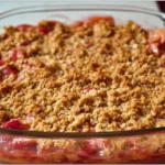 Homemade strawberry rhubarb crisp topped with crunchy oat topping