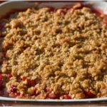 Freshly baked Strawberry Rhubarb Crisp topped with oats and served warm
