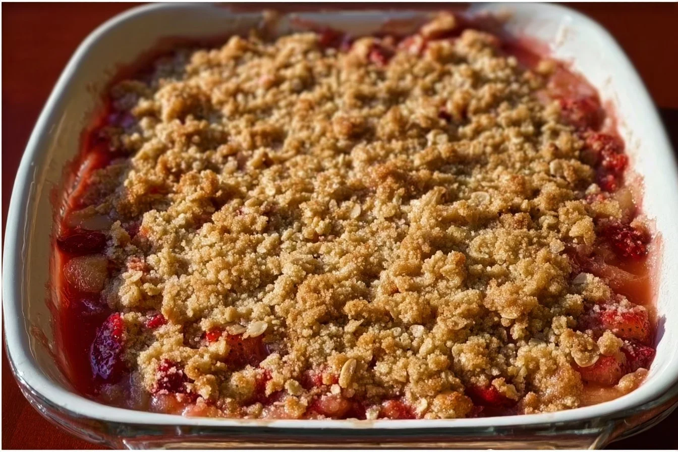 Freshly baked Strawberry Rhubarb Crisp topped with oats and served warm