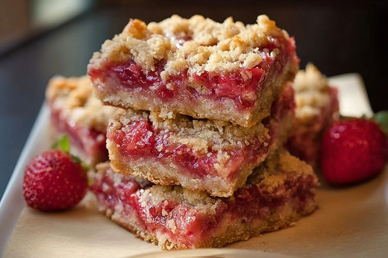 Delicious Strawberry Rhubarb Crumb Bars with a crumbly topping and vibrant filling