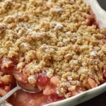 Delicious strawberry rhubarb crunch dessert served in a bowl