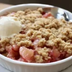Delicious homemade Strawberry Rhubarb Crunch dessert in a baking dish