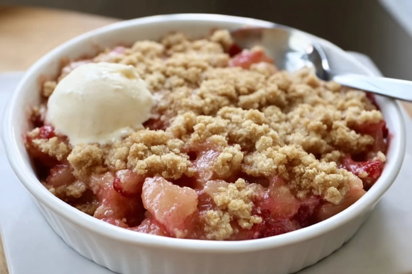 Delicious homemade Strawberry Rhubarb Crunch dessert in a baking dish