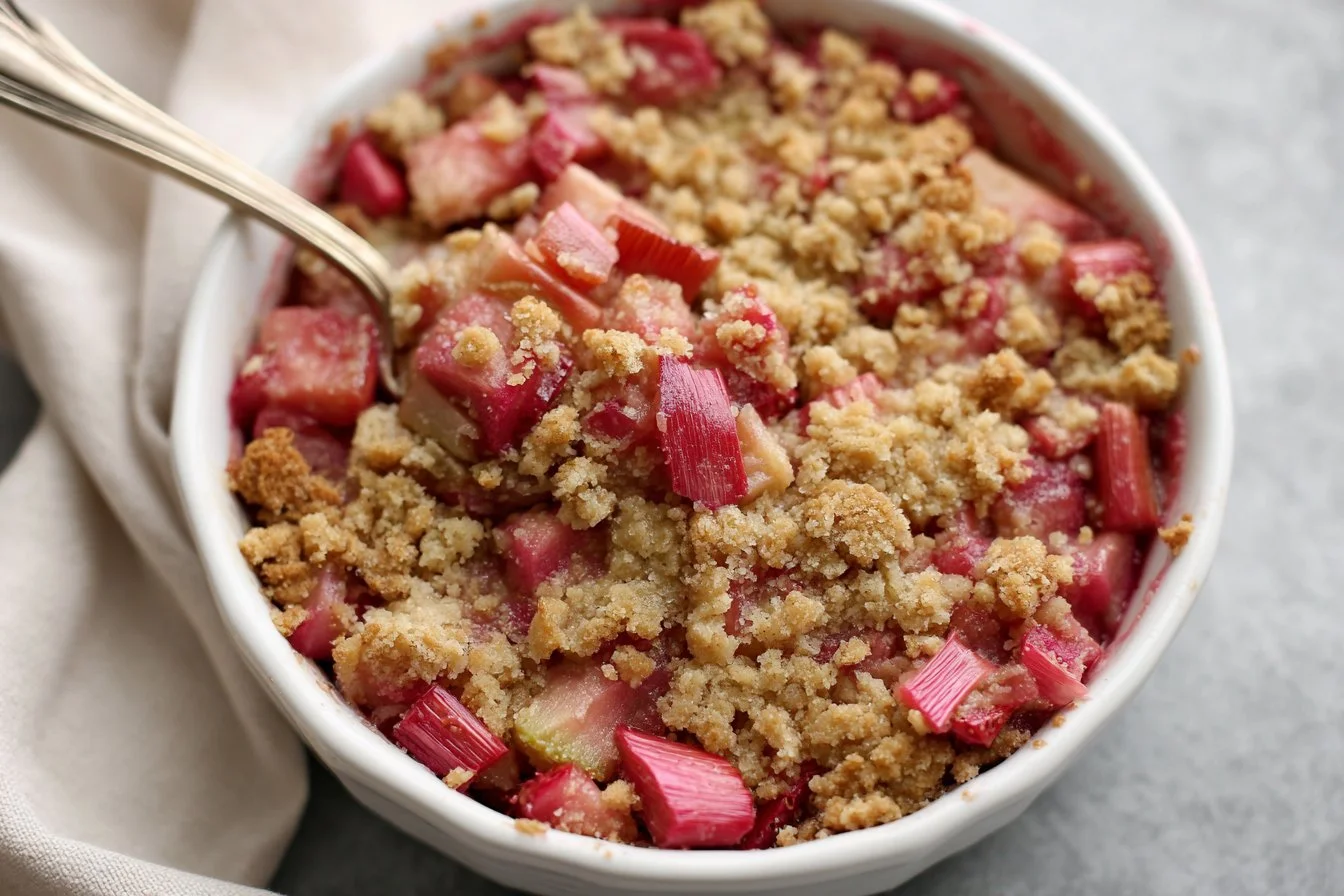 Strawberry Rhubarb Crunch - get the recipe at barefeetinthekitchen.com | Rhubarb crunch, Crunch recipe, Rhubarb desserts