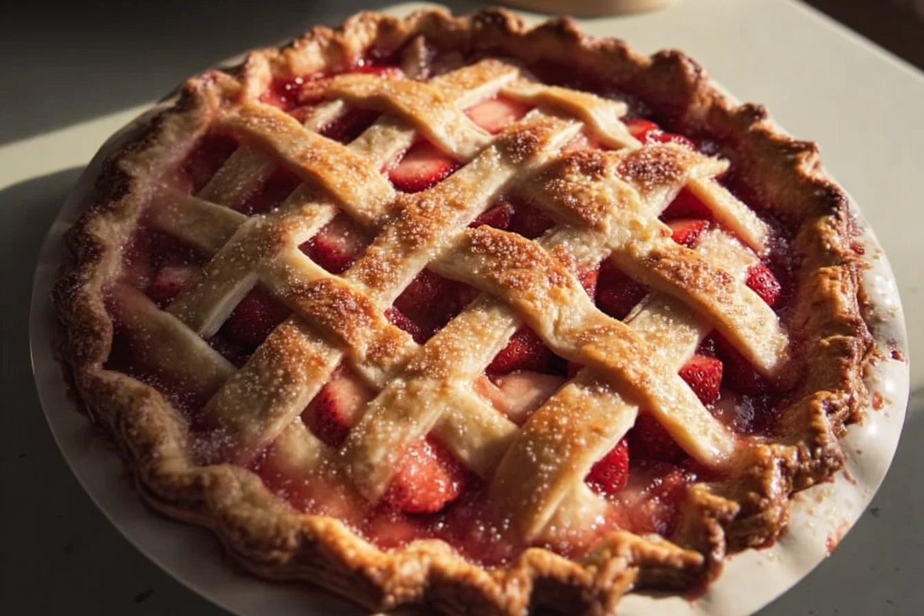 Delicious homemade Strawberry Rhubarb Pie with flaky crust and fresh fruit filling.