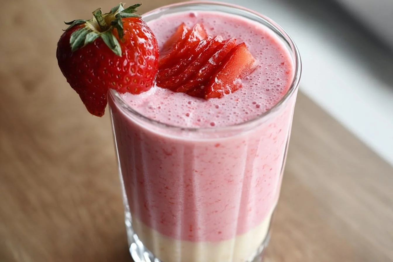 Strawberry Vanilla Protein Smoothie served in a glass with fresh strawberries