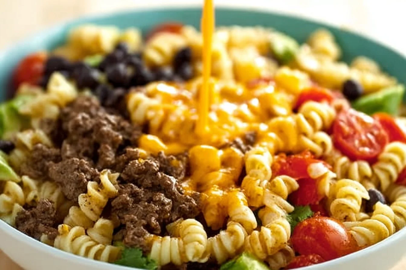 Colorful Taco Pasta Salad with fresh vegetables and taco seasoning