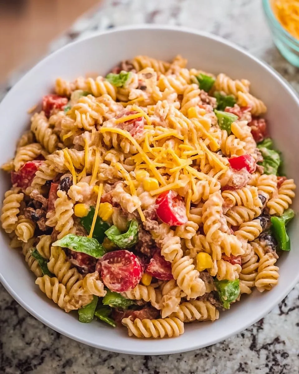 Colorful and vibrant Taco Pasta Salad in a bowl garnished with cilantro.