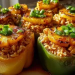 Teriyaki Pineapple Chicken and Rice Stuffed Peppers served on a plate