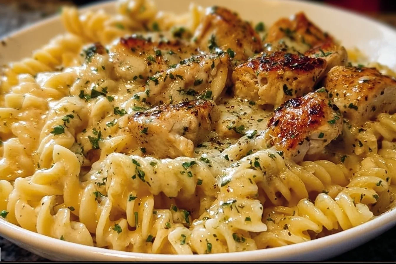 Delicious Crockpot Garlic Parmesan Chicken Pasta served in a bowl