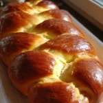 Freshly baked Tsoureki, traditional Greek sweet bread with a braided form.
