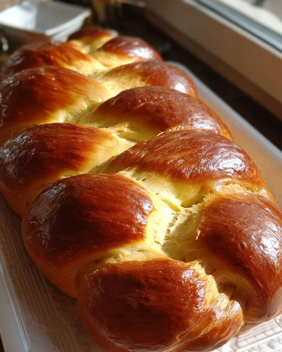 Freshly baked Tsoureki, traditional Greek sweet bread with a braided form.