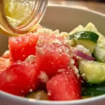Colorful Watermelon Cucumber Salad with mint and feta cheese