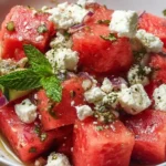 Colorful watermelon salad with mint and feta served in a bowl