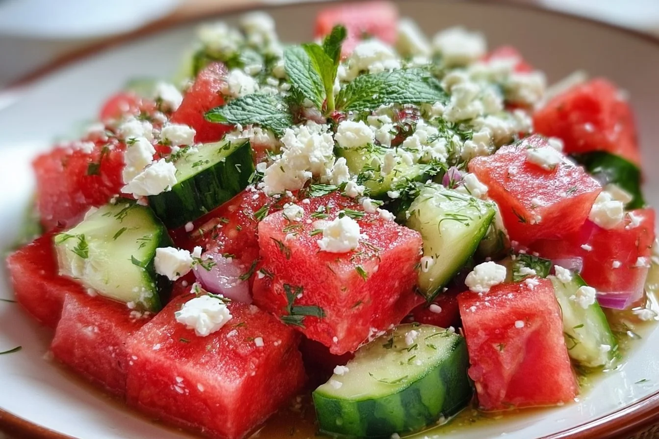Refreshing watermelon salad topped with cucumber and feta cheese