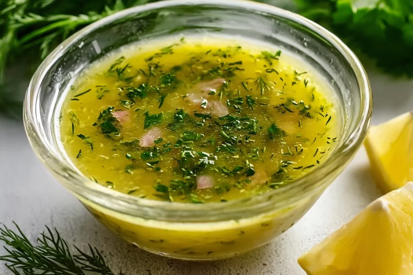 Zesty lemon dill vinaigrette drizzled over a colorful salad mix.