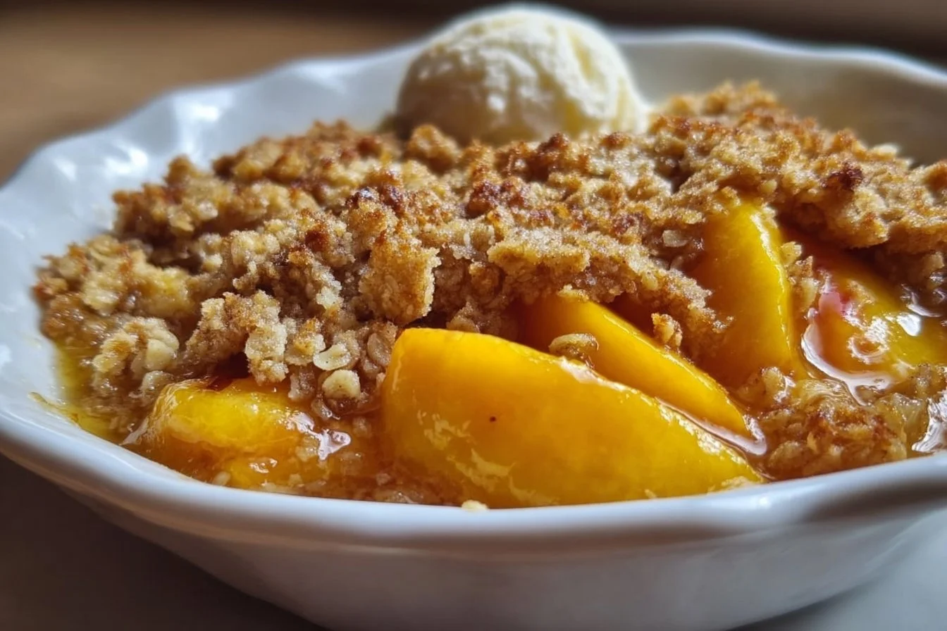 Delicious homemade peach crisp with fresh peaches and a golden oatmeal topping