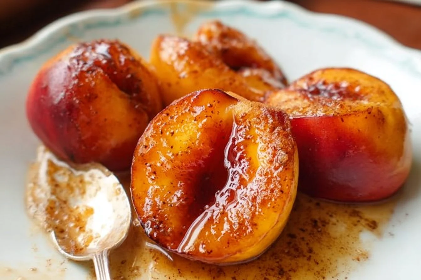 Baked nectarines drizzled with cinnamon honey sauce on a plate