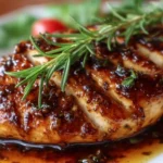 Plate of balsamic baked chicken breast garnished with herbs