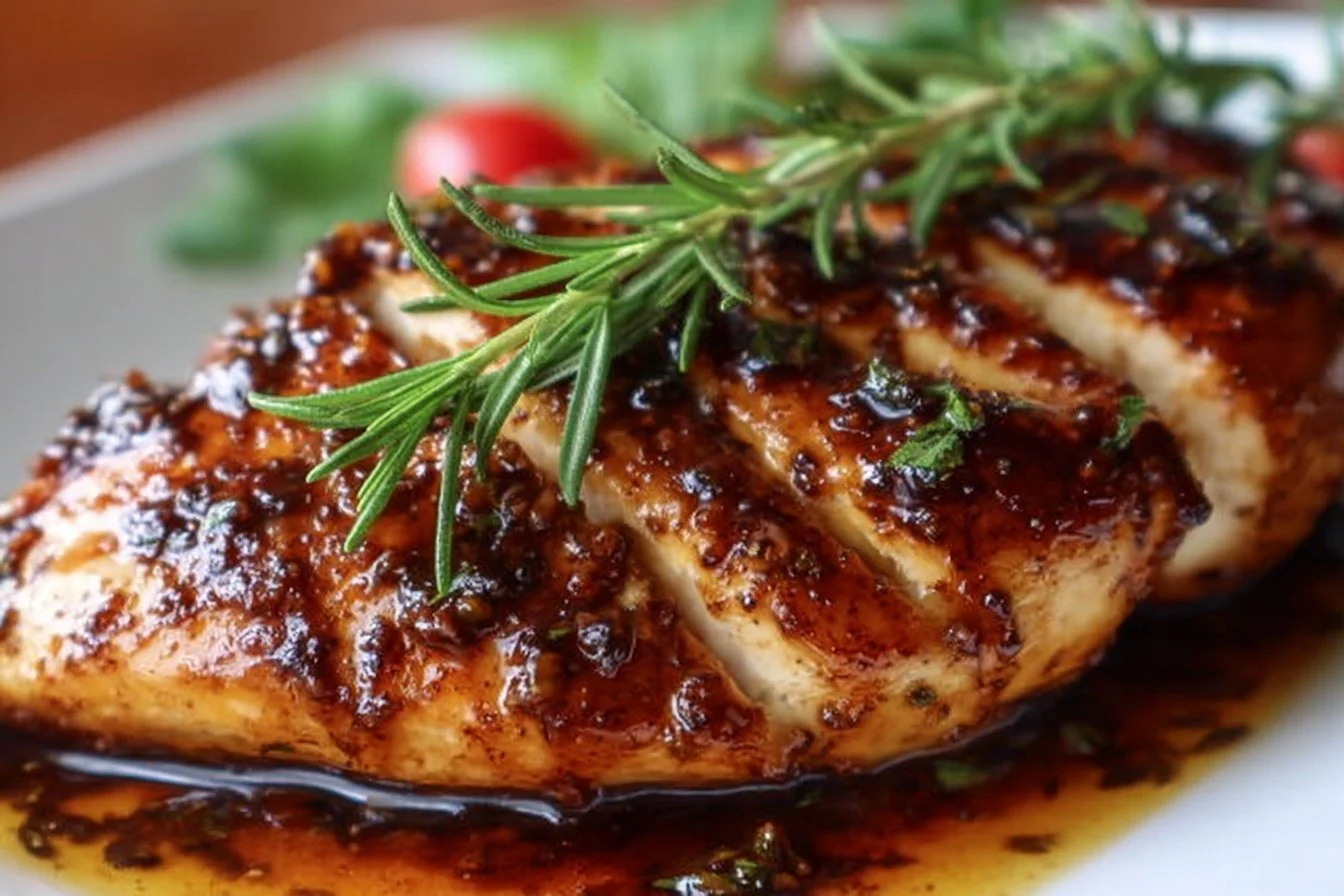 Plate of balsamic baked chicken breast garnished with herbs