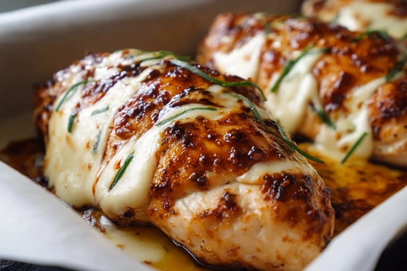 Balsamic baked chicken breast garnished with melted mozzarella cheese
