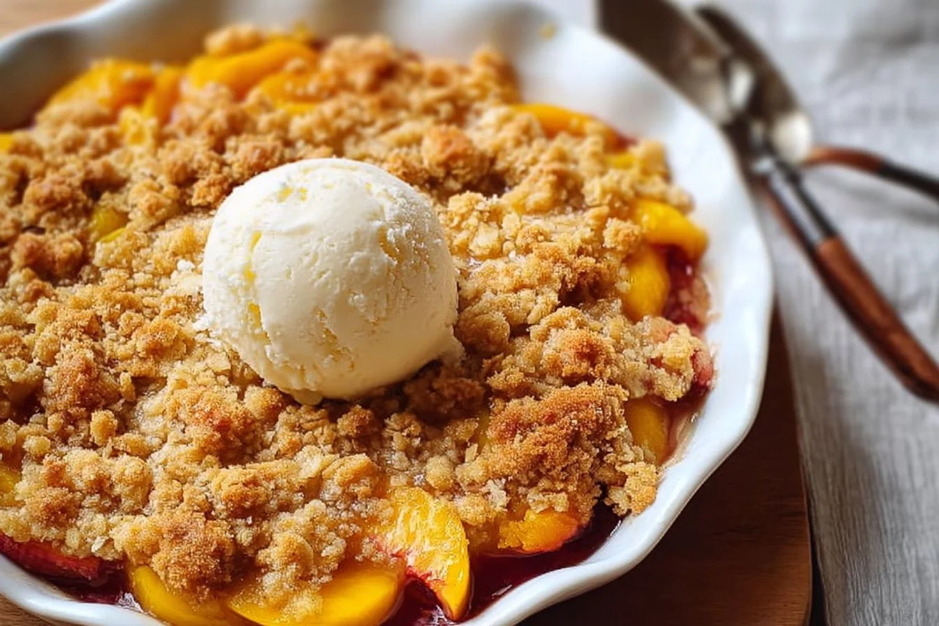 A delicious buttery nectarine crisp garnished with fresh nectarines and oats.