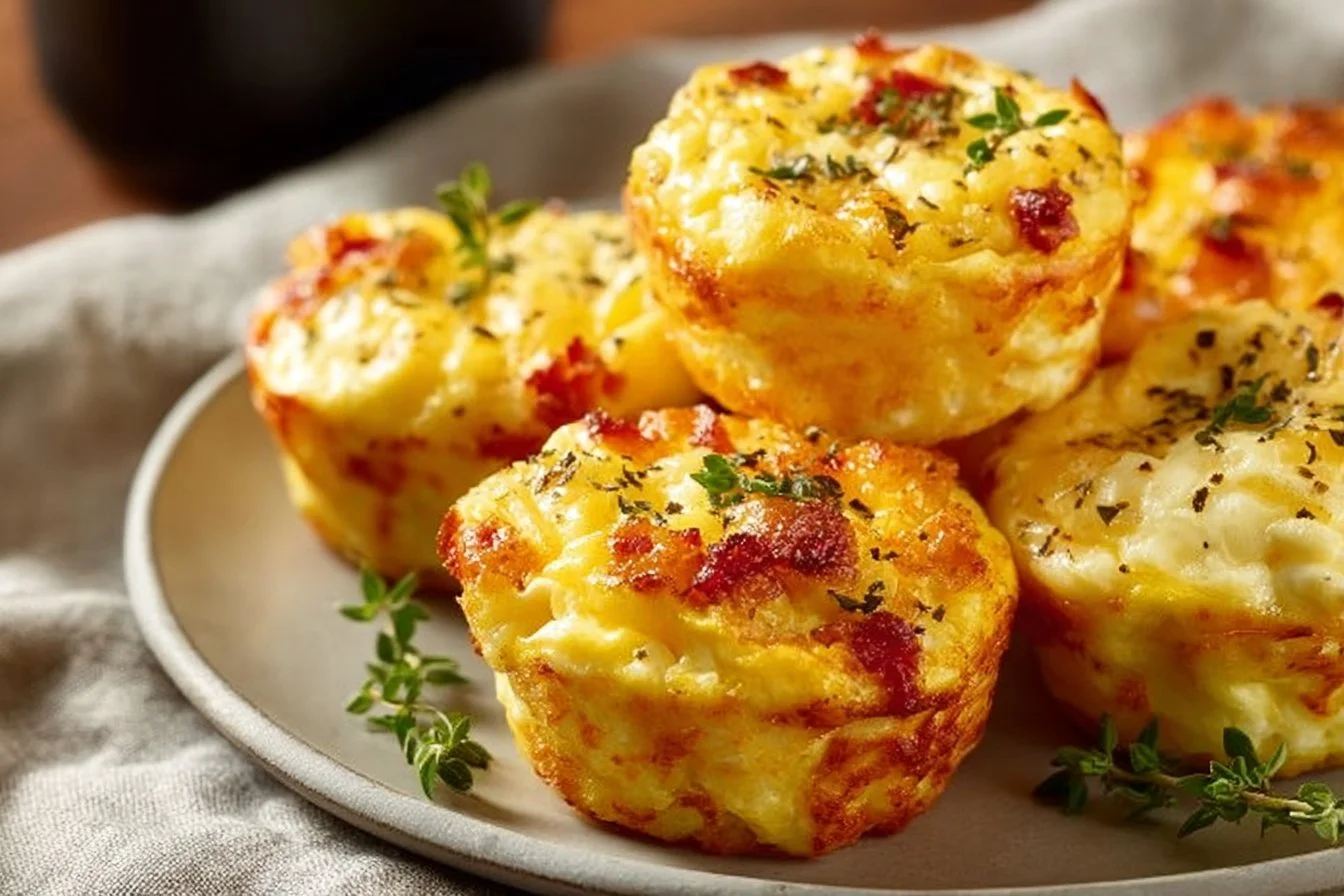 Cheesy muffin tin cottage cheese egg bites ready to serve on a plate