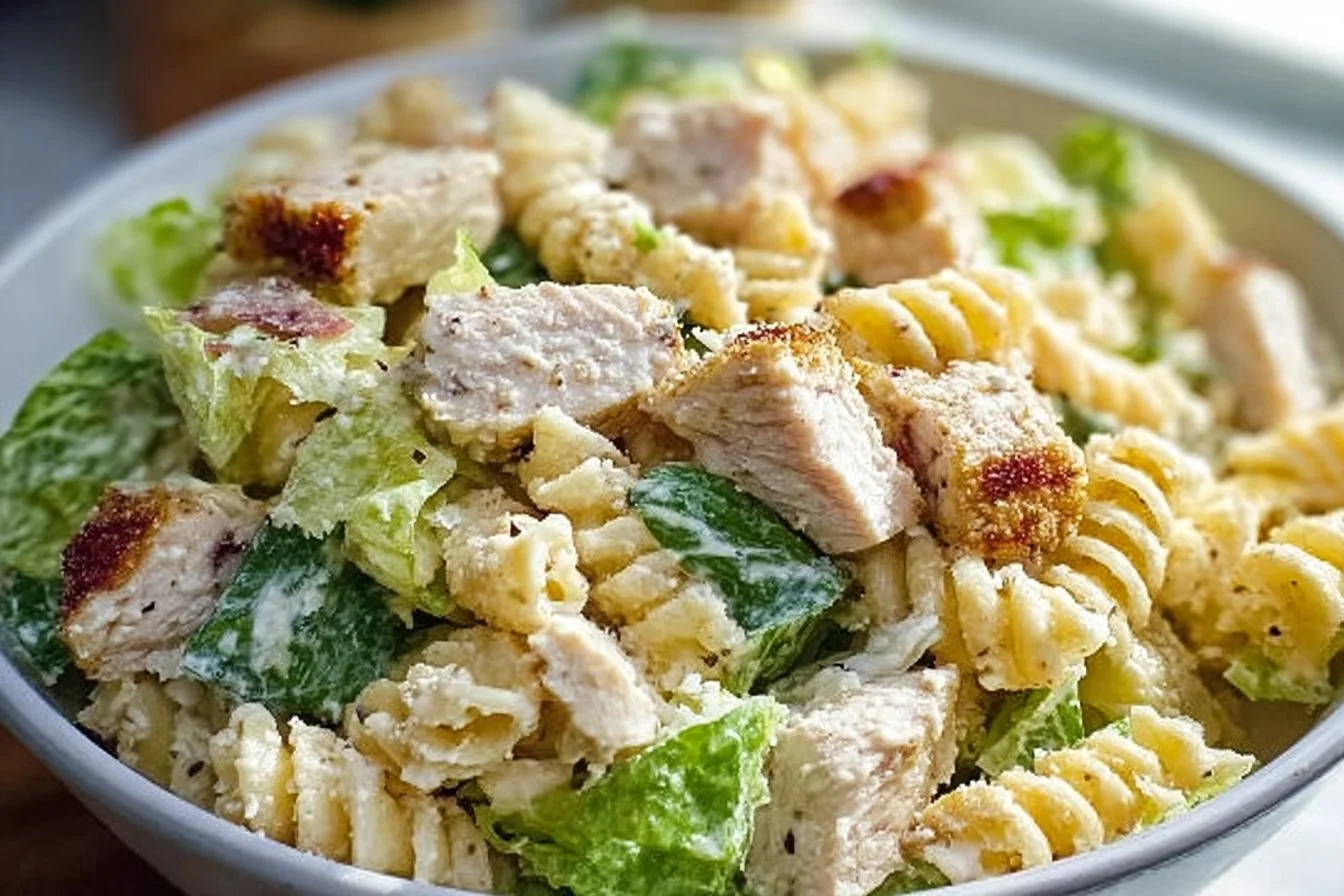 Delicious Chicken Caesar Pasta Salad with grilled chicken, romaine lettuce, and Caesar dressing.