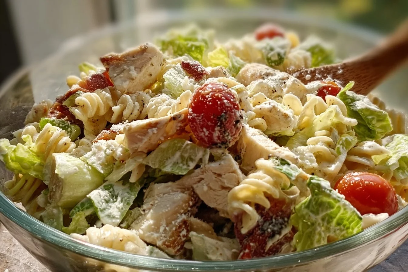 Bowl of Chicken Caesar Pasta Salad with chicken, romaine, and Caesar dressing