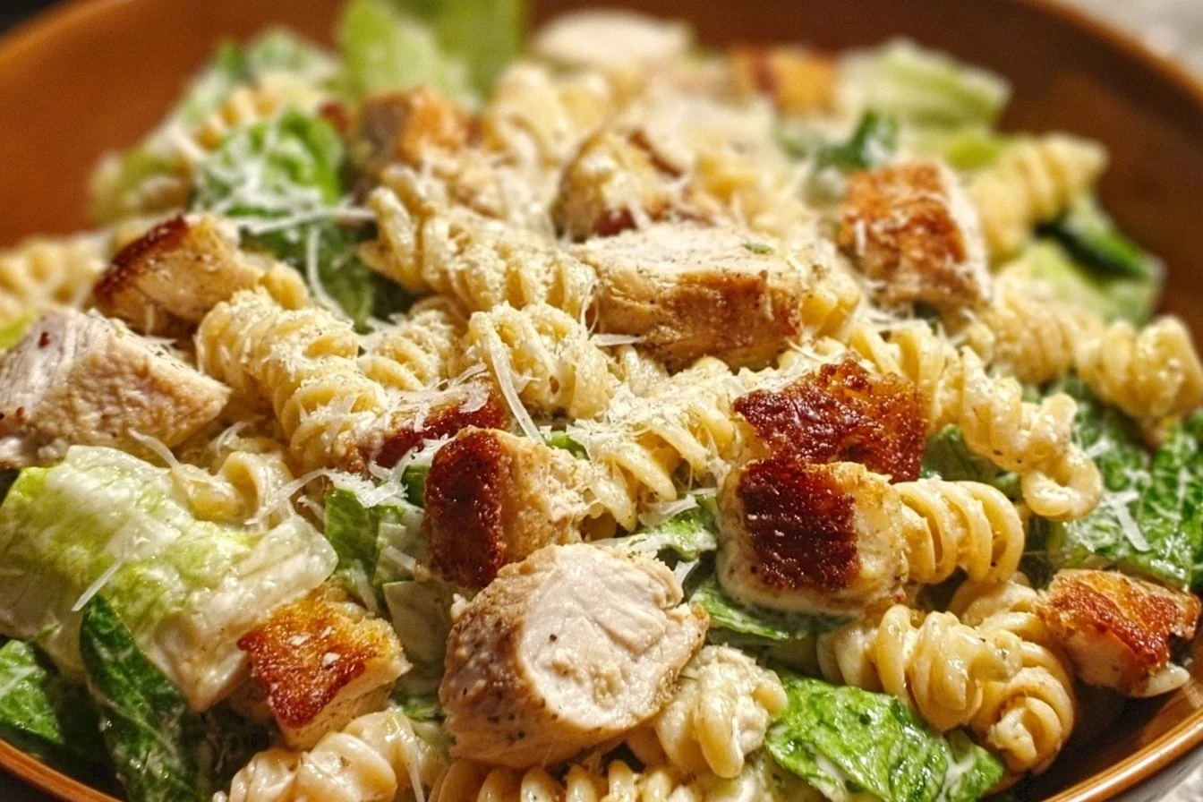 Delicious Chicken Caesar Pasta Salad with fresh ingredients in a bowl.