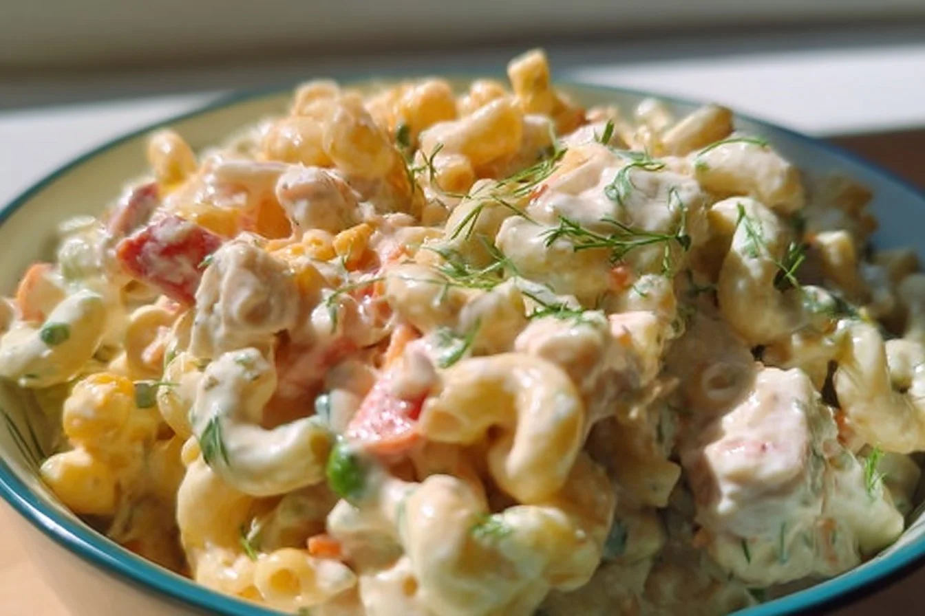 Delicious Chicken Macaroni Salad served in a bowl with fresh ingredients