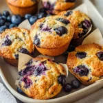 Delicious homemade cottage cheese blueberry muffins on a wooden table