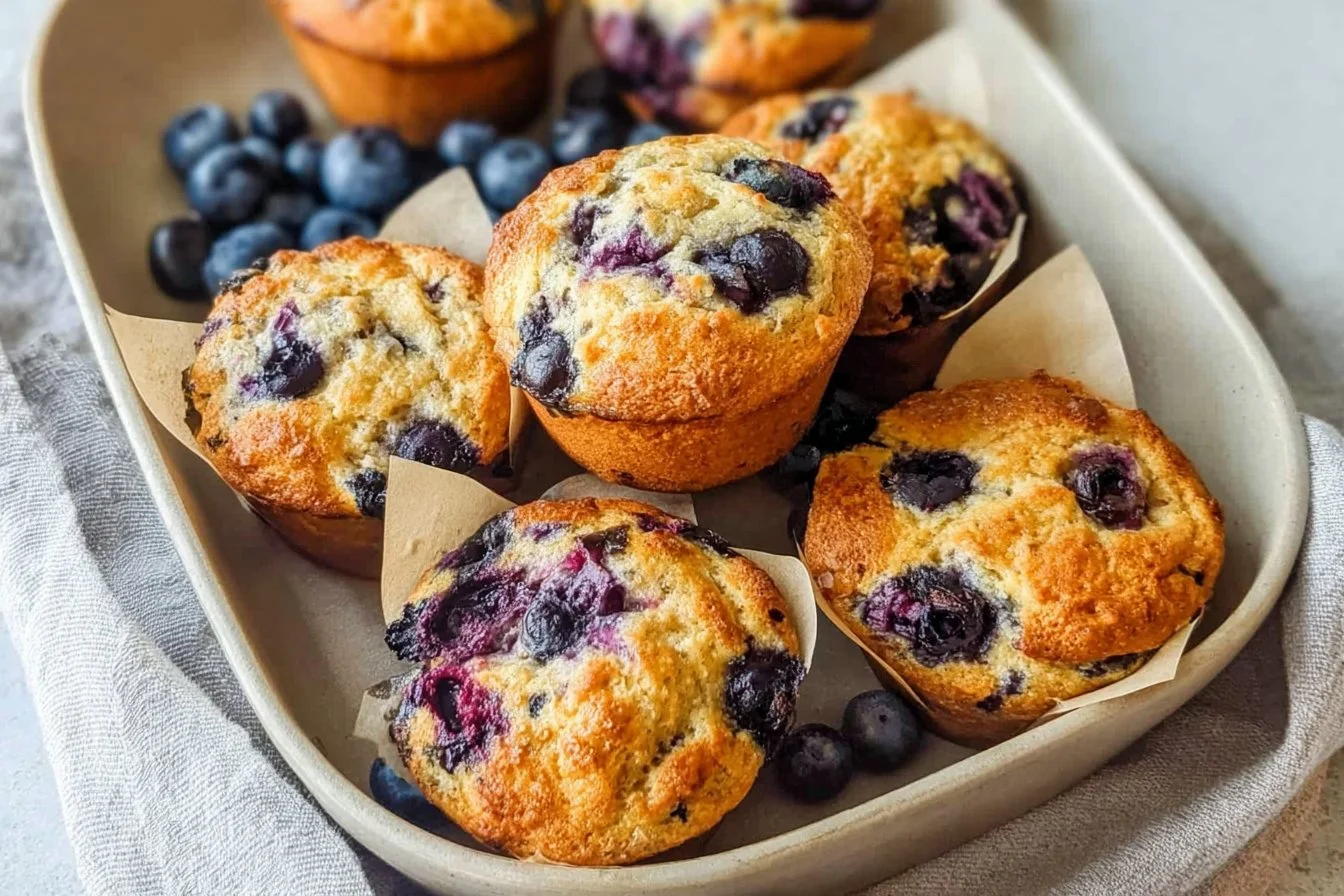 Delicious homemade cottage cheese blueberry muffins on a wooden table