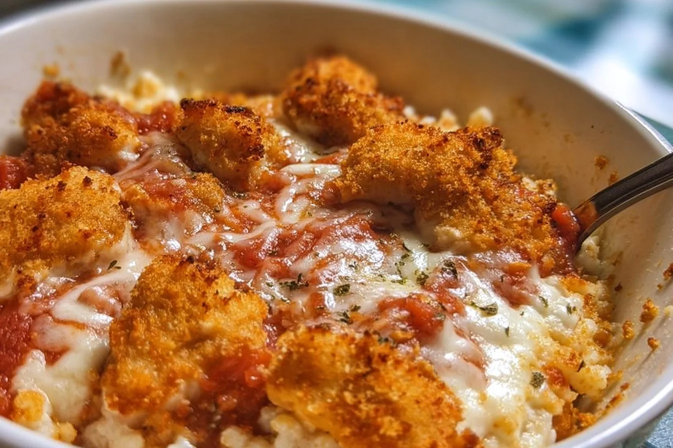 Cottage Cheese Chicken Parm Bowl with cheese and herbs