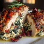 Delicious cranberry and spinach stuffed chicken breasts with cream cheese served on a plate