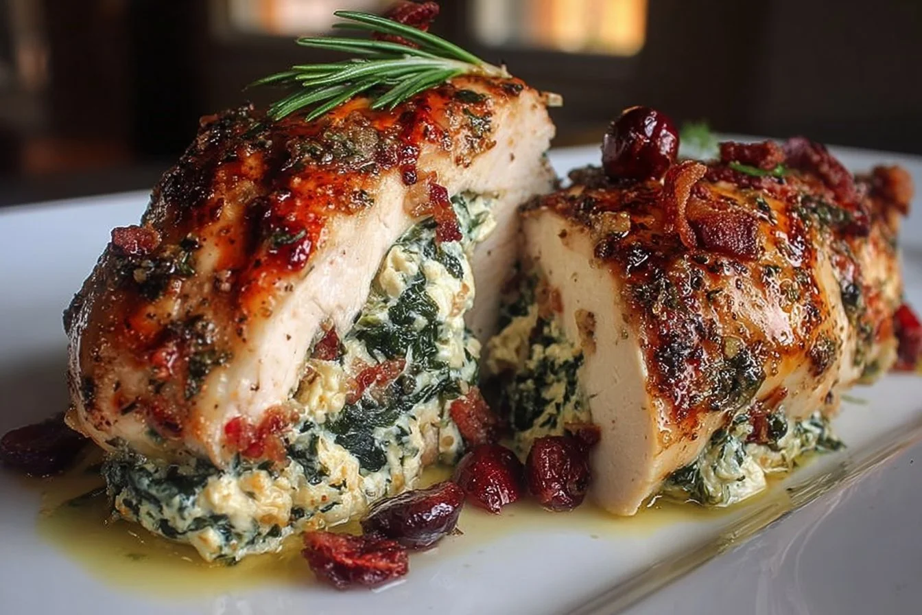 Delicious cranberry and spinach stuffed chicken breasts with cream cheese served on a plate