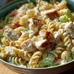Creamy chicken pasta salad served with fresh vegetables and herbs