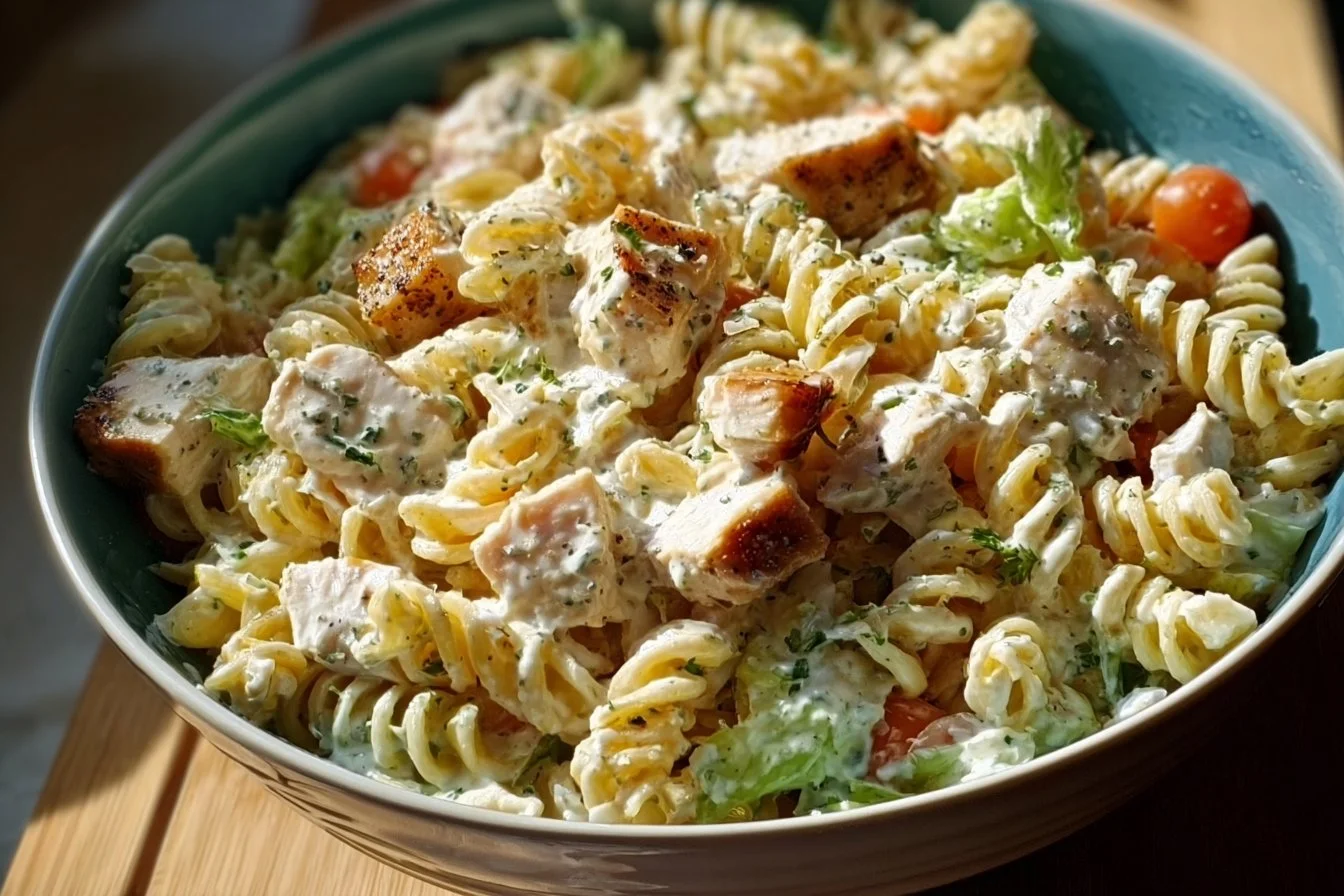 Creamy chicken pasta salad served with fresh vegetables and herbs
