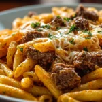 Creamy high protein beef pasta served in a bowl with fresh herbs